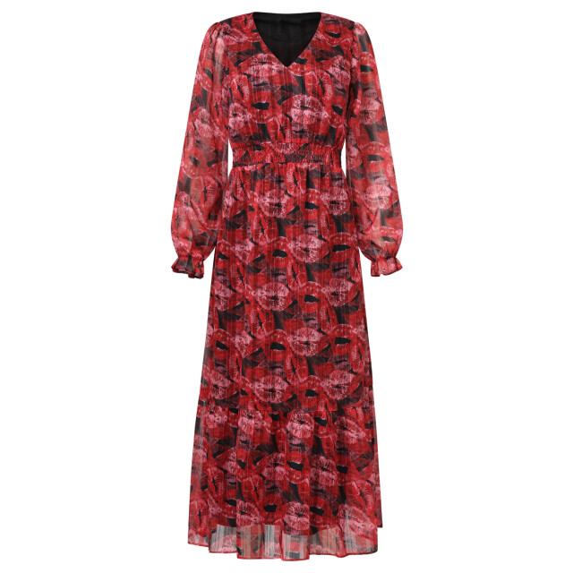 Smashed Lemon Lippenprint chiffon maxi jurk in rood en zwart | 25589-450-999 large
