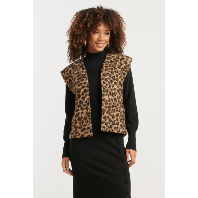Smashed Lemon Bouclé gilet met dierenprint in camel en zwart | 25543-735-999 large