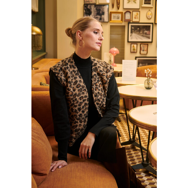 Smashed Lemon Bouclé gilet met dierenprint in camel en zwart | 25543-735-999 large