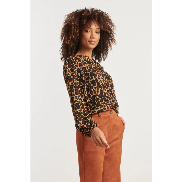 Smashed Lemon Chiffon blouse met cheetahprint en pofmouwen in camel en bruin | 25562-735-775 large