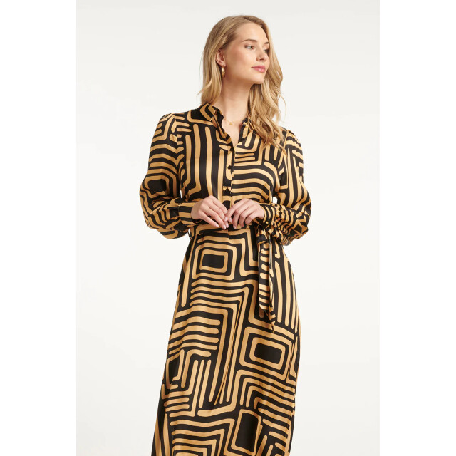 Smashed Lemon Zwart en goud grafische geprint midi jurk met kraag | 25578-999-735 large