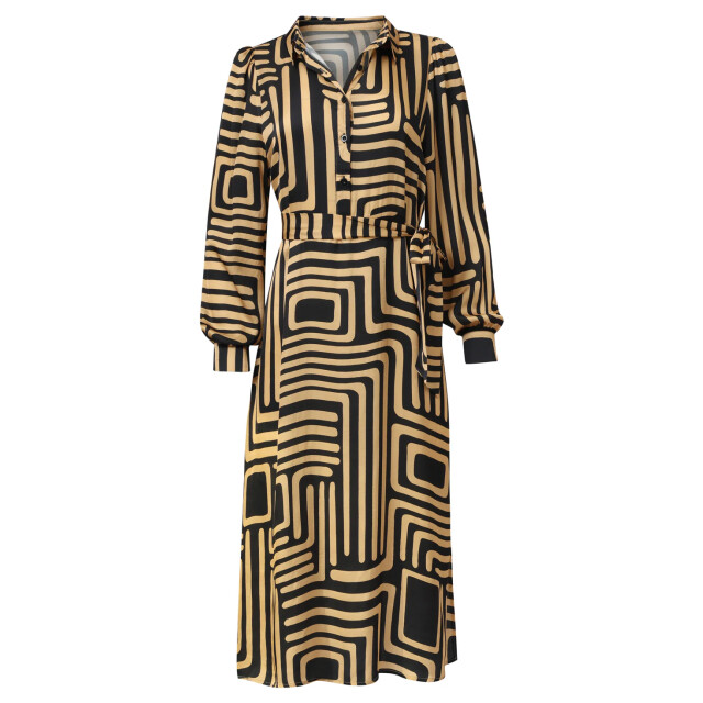 Smashed Lemon Zwart en goud grafische geprint midi jurk met kraag | 25578-999-735 large