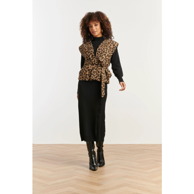 Smashed Lemon Bouclé gilet met dierenprint in camel en zwart | 25543-735-999 large