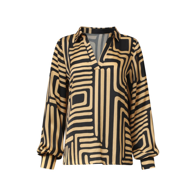 Smashed Lemon Zwart en goud grafische geprint top met kraag | 25579-999-735 large