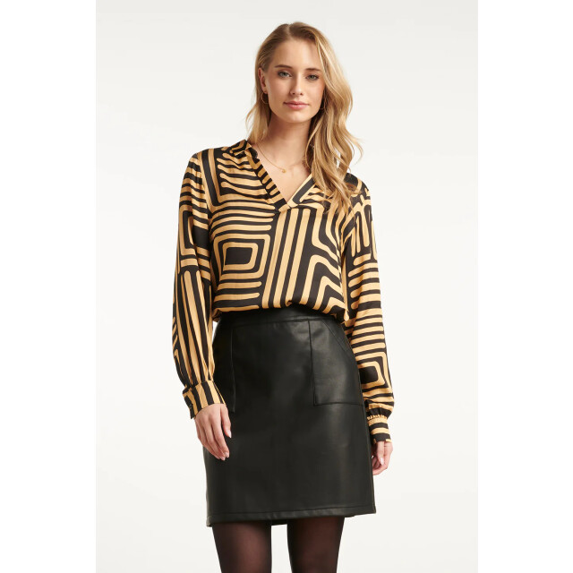 Smashed Lemon Zwart en goud grafische geprint top met kraag | 25579-999-735 large