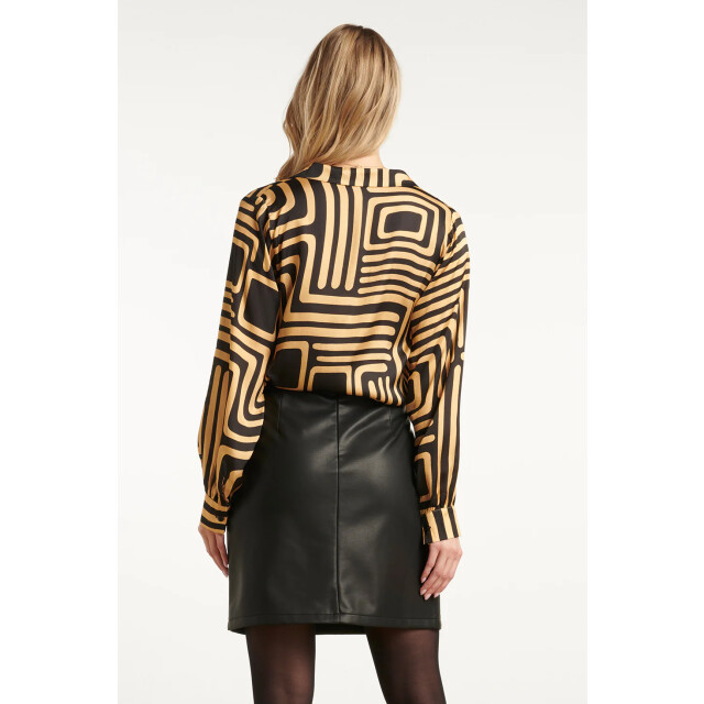 Smashed Lemon Zwart en goud grafische geprint top met kraag | 25579-999-735 large