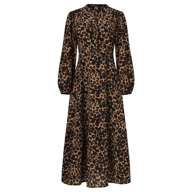 Smashed Lemon Chiffon dierenprint jurk met pofmouwen en v-hals in camel en bruin | 25561-735-775 large