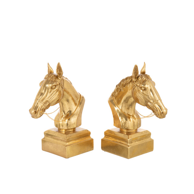 J-Line Set of 2 bookend on base horse head polyresin gold colored 55402 large