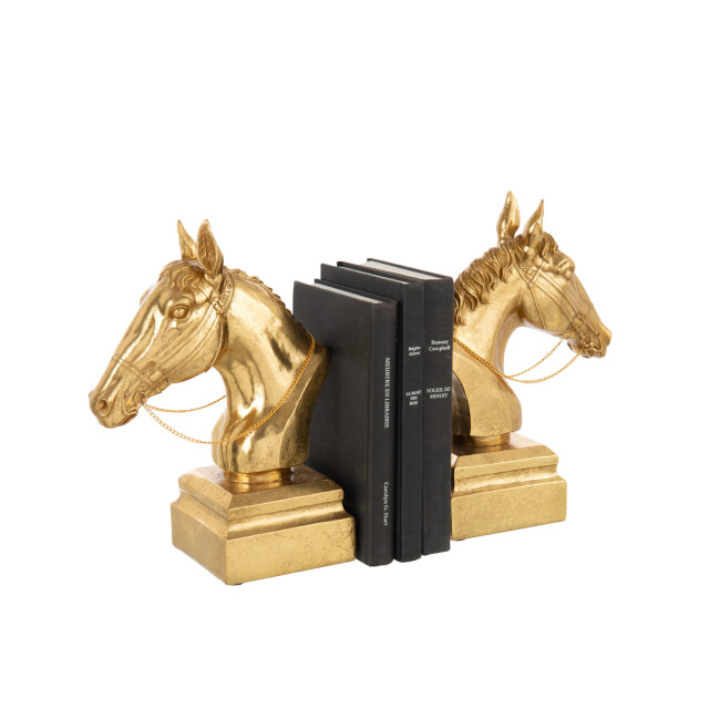 J-Line Set of 2 bookend on base horse head polyresin gold colored 55402 large