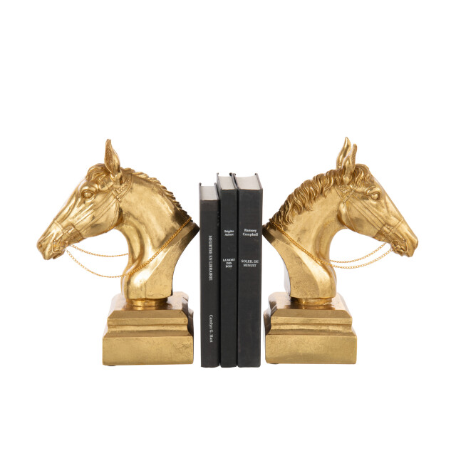 J-Line Set of 2 bookend on base horse head polyresin gold colored 55402 large