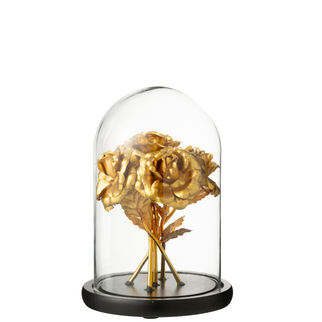 J-Line Decorative bell jar bouquet of roses glass gold colored/black medium 56483 large