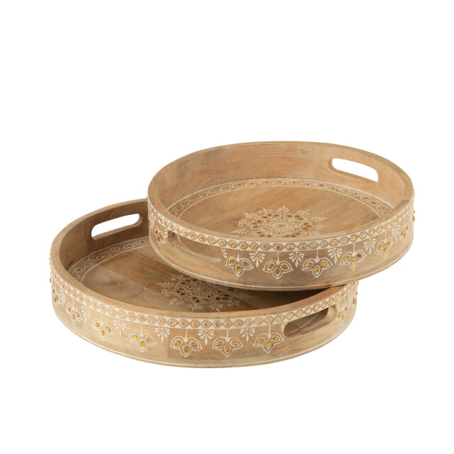 J-Line Set of 2 tray 2 handle beads mango wood natural/white 50581 large