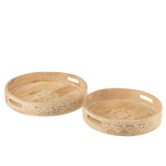 J-Line Set of 2 tray 2 handle beads mango wood natural/white 50581 large