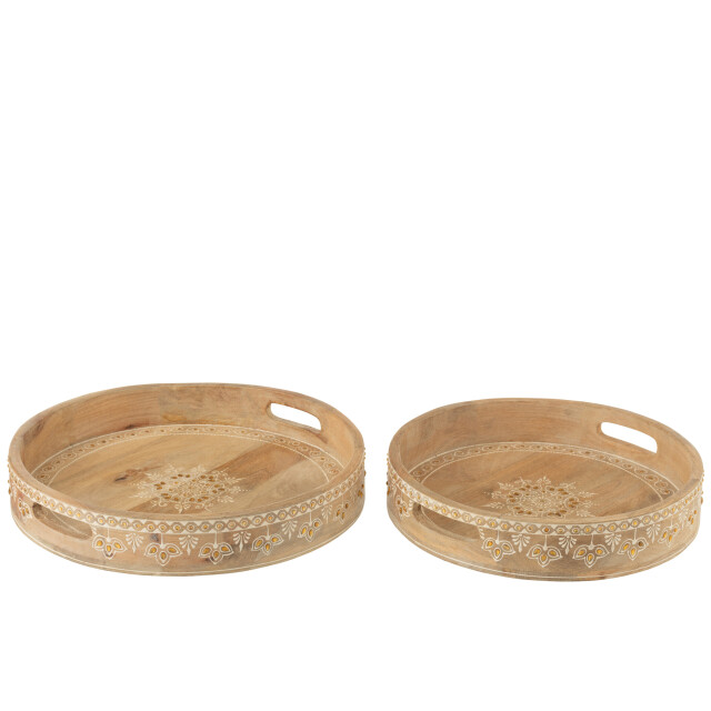 J-Line Set of 2 tray 2 handle beads mango wood natural/white 50581 large