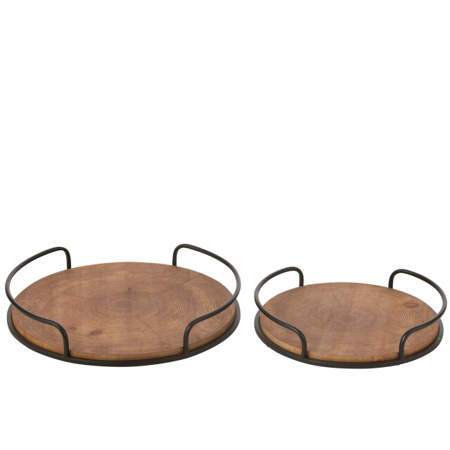 J-Line Set of 2 trays round mdf/iron natural/black 46315 large