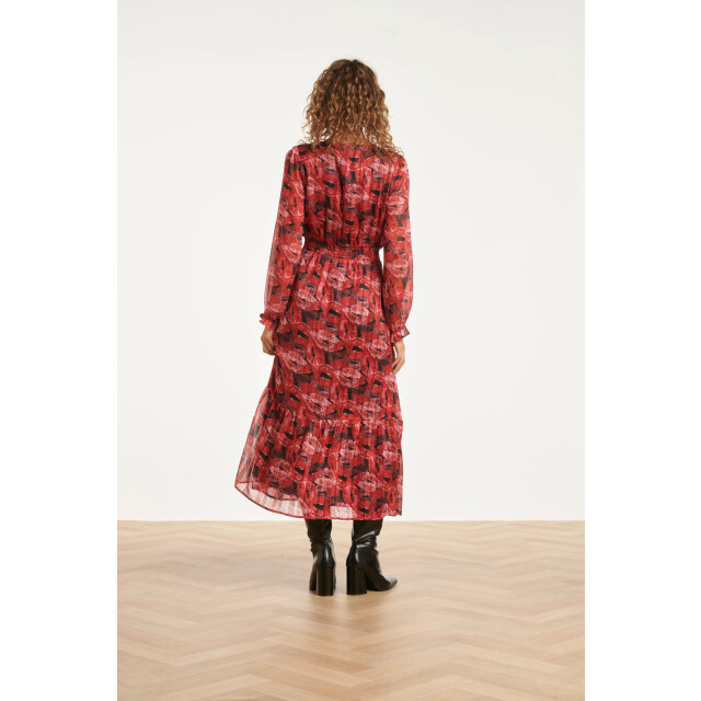 Smashed Lemon Lippenprint chiffon maxi jurk in rood en zwart | 25589-450-999 large