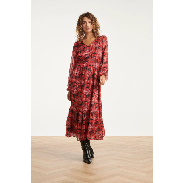 Smashed Lemon Lippenprint chiffon maxi jurk in rood en zwart | 25589-450-999 large