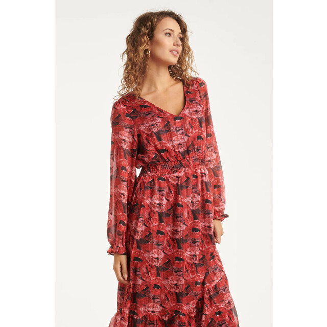 Smashed Lemon Lippenprint chiffon maxi jurk in rood en zwart | 25589-450-999 large