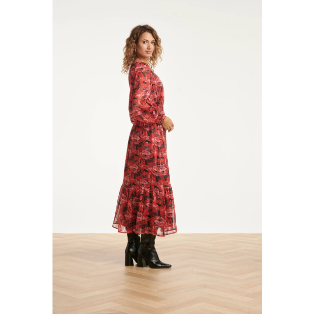 Smashed Lemon Lippenprint chiffon maxi jurk in rood en zwart | 25589-450-999 large