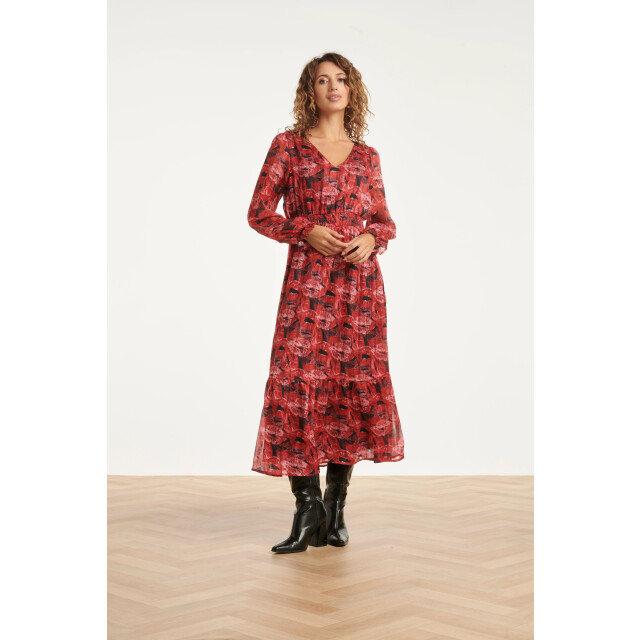 Smashed Lemon Lippenprint chiffon maxi jurk in rood en zwart | 25589-450-999 large
