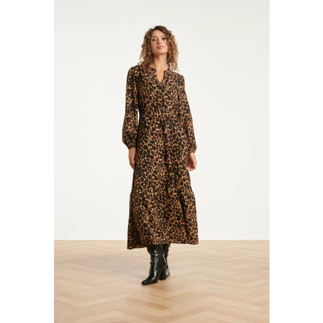 Smashed Lemon Chiffon dierenprint jurk met pofmouwen en v-hals in camel en bruin | 25561-735-775 large