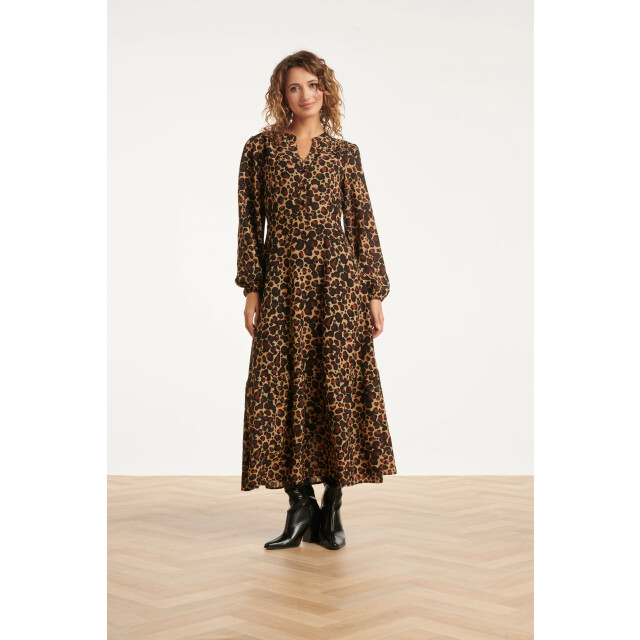 Smashed Lemon Chiffon dierenprint jurk met pofmouwen en v-hals in camel en bruin | 25561-735-775 large