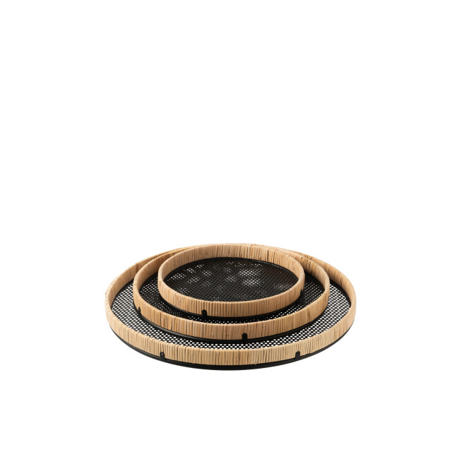J-Line Set of 3 trays round metal/rattan black/natural 12185 large