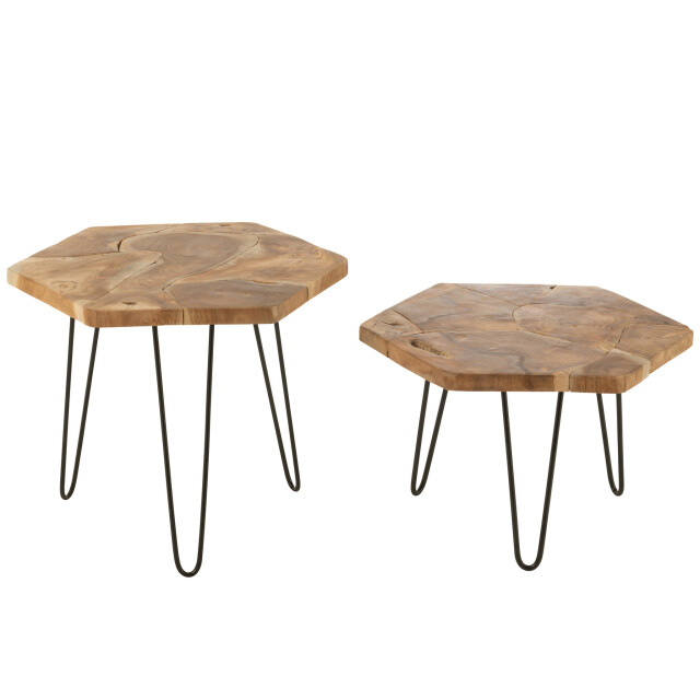 J-Line Set of 2 side table hexagone teak wood/metal natural 50987 large