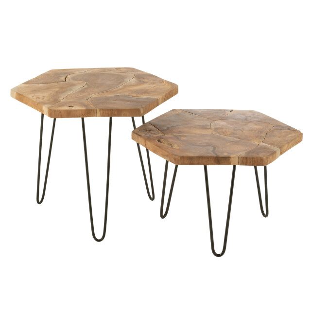 J-Line Set of 2 side table hexagone teak wood/metal natural 50987 large