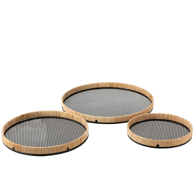 J-Line Set of 3 trays round metal/rattan black/natural 12185 large