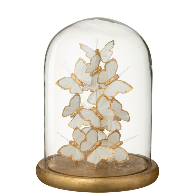 J-Line Decorative bell jar butterfly glass white/gold colored large 56478 large