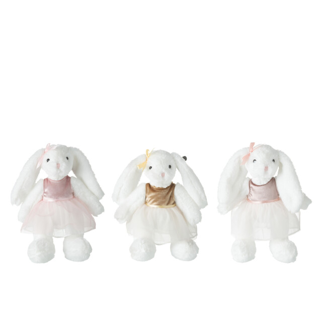 J-Line Rabbit plush with dress polyester white assortment of 3 33097 large
