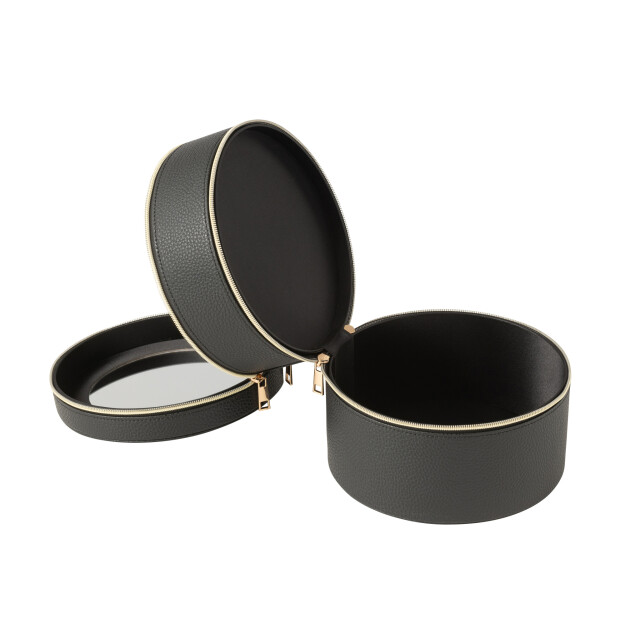 J-Line Cosmetic box round+mirror artificial leather black 46558 large