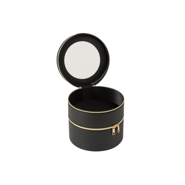 J-Line Cosmetic box round+mirror artificial leather black 46558 large