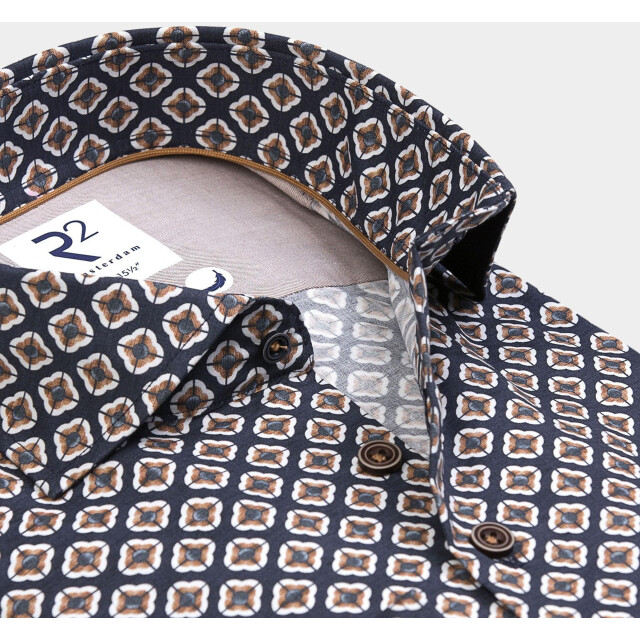 R2 Amsterdam Casual hemd lange mouw navy beige print on poplin 130.wsp.063/010 192161 large