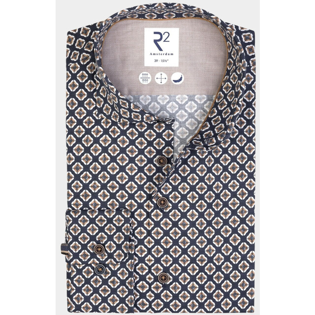 R2 Amsterdam Casual hemd lange mouw navy beige print on poplin 130.wsp.063/010 192161 large