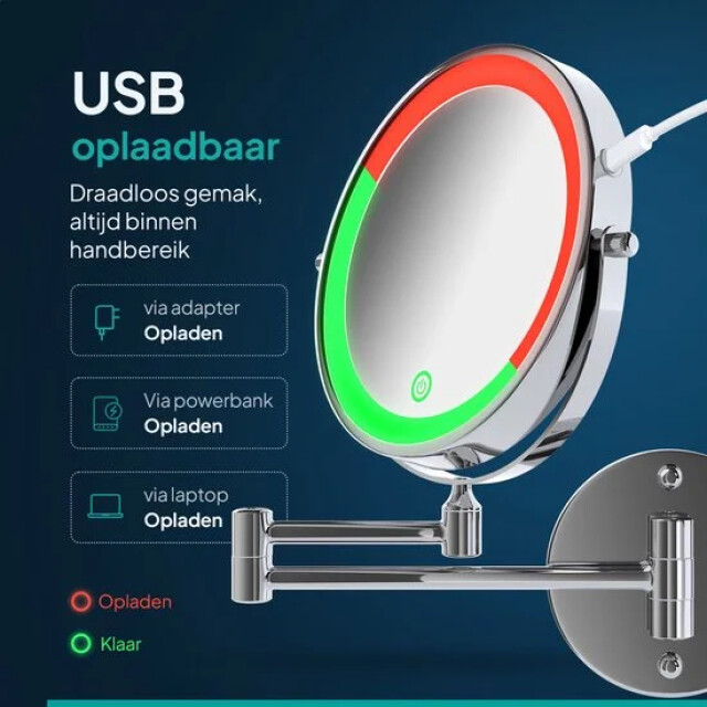 Mirlux Make-up spiegel met led verlichting oplaadbaar 5x vergroting chroom 3277868 large