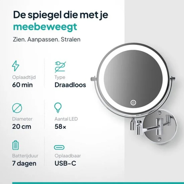 Mirlux Make-up spiegel met led verlichting oplaadbaar 5x vergroting chroom 3277868 large
