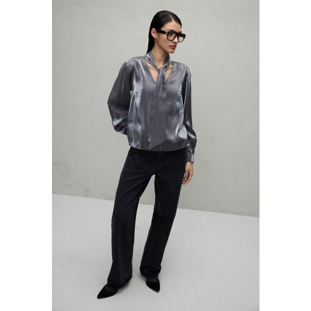 Vila viessa v neck tie l/s shimmer shirt 14110789 silver 06615.915.0014 large