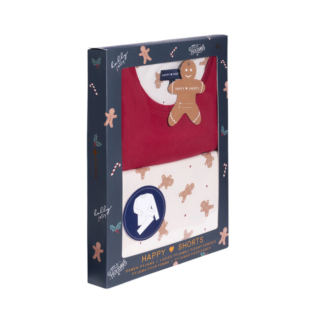 Happy Shorts Dames kerst pyjama set shirt + broek giftbox rood/off-white gingerbread HS-1272 large