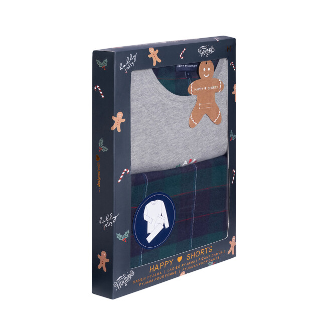 Happy Shorts Dames kerst pyjama set shirt + broek giftbox grijs/groen geruit flanel HS-1273 large