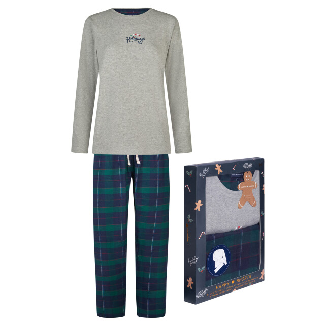 Happy Shorts Dames kerst pyjama set shirt + broek giftbox grijs/groen geruit flanel HS-1273 large