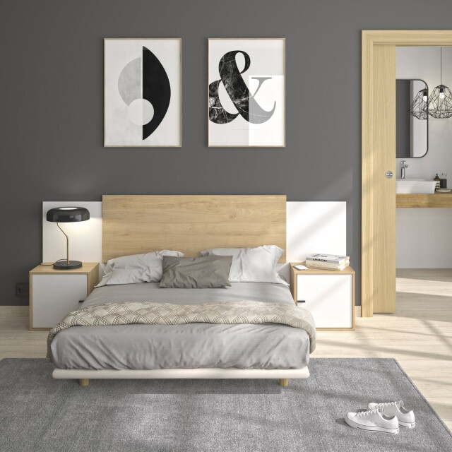 CaliCosy Hoofdbord met 2 gesloten nachtkastjes wit- en eikendecor alix 3320843 large