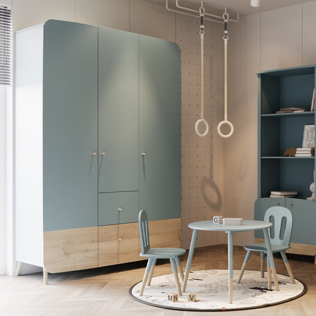 CaliCosy Armoire 3 portes et 4 tiroirs bleu orage et décor bois naturel firmiana 3332676 large