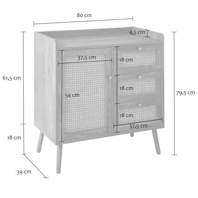 CaliCosy Commode met 1 deur en 3 lades, rotan fronten en houten poten, l80 cm palmo 3245912 large