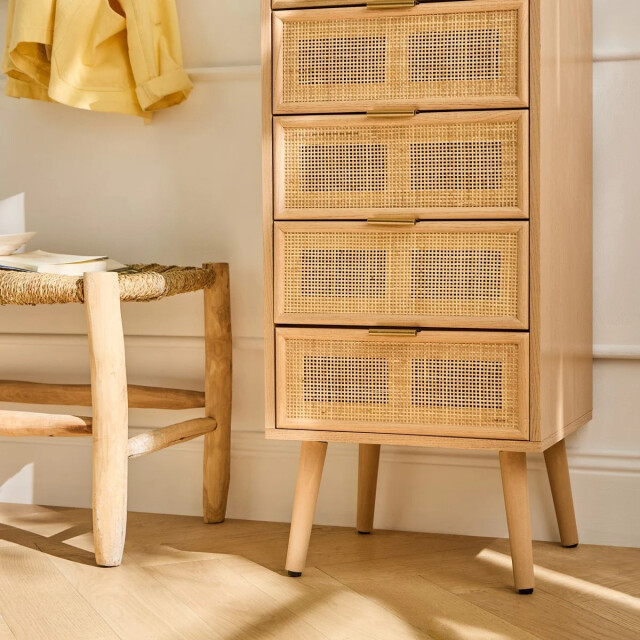 CaliCosy Ladekast met 5 lades en natuurlijke rotan voorkant l36,5 x h100,5 cm miya 2930095 large