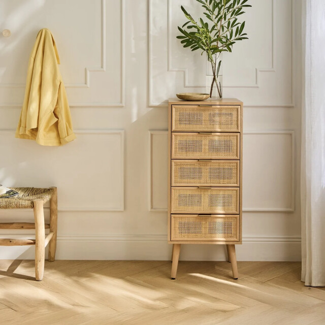 CaliCosy Ladekast met 5 lades en natuurlijke rotan voorkant l36,5 x h100,5 cm miya 2930095 large