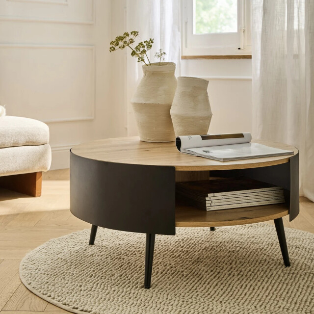 CaliCosy Table basse ronde 2 niveaux flancs métal noir 3042280 large