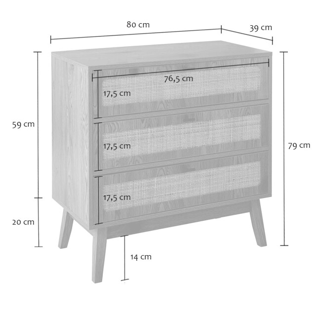 CaliCosy Commode met 3 lades, rotan fronten en houten poten, l80 cm alia 3245911 large