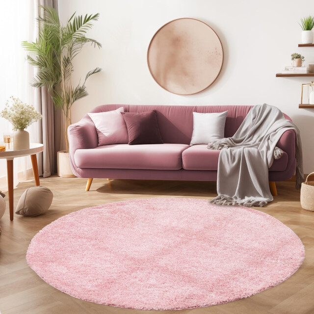 Muratap Basic rond shaggy vloerkleed roze hoogpolig- 160 cm rond 1128648 large